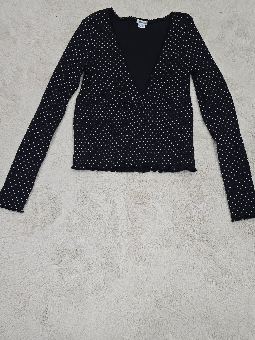 Kimchi Blue Black Long Sleeve Polka Dot Deep V Top